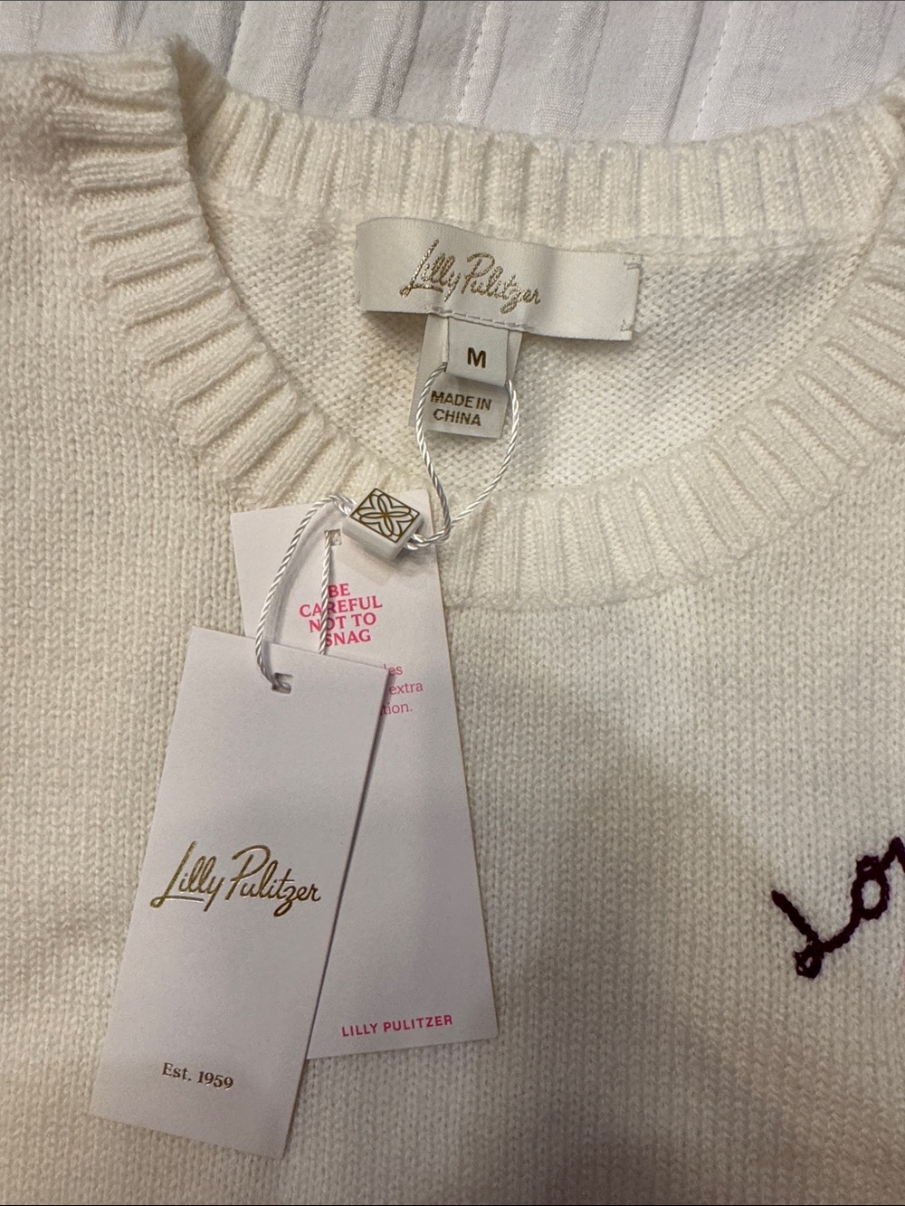 Lilly Pulitzer Cream Crewneck Sweater with Pink Heart Embroidery - Picture 3 of 4